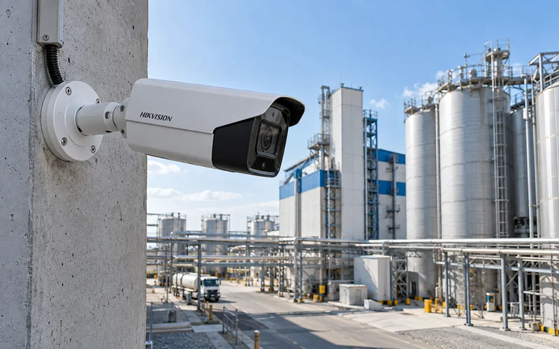 Hikvision на стене цеха. Видна вся заводская площадка.