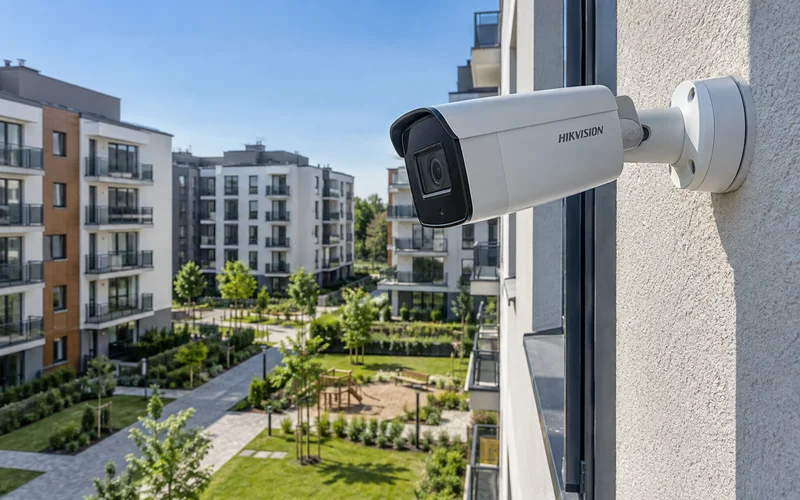 Hikvision на жилом доме. Двор — в кадре.