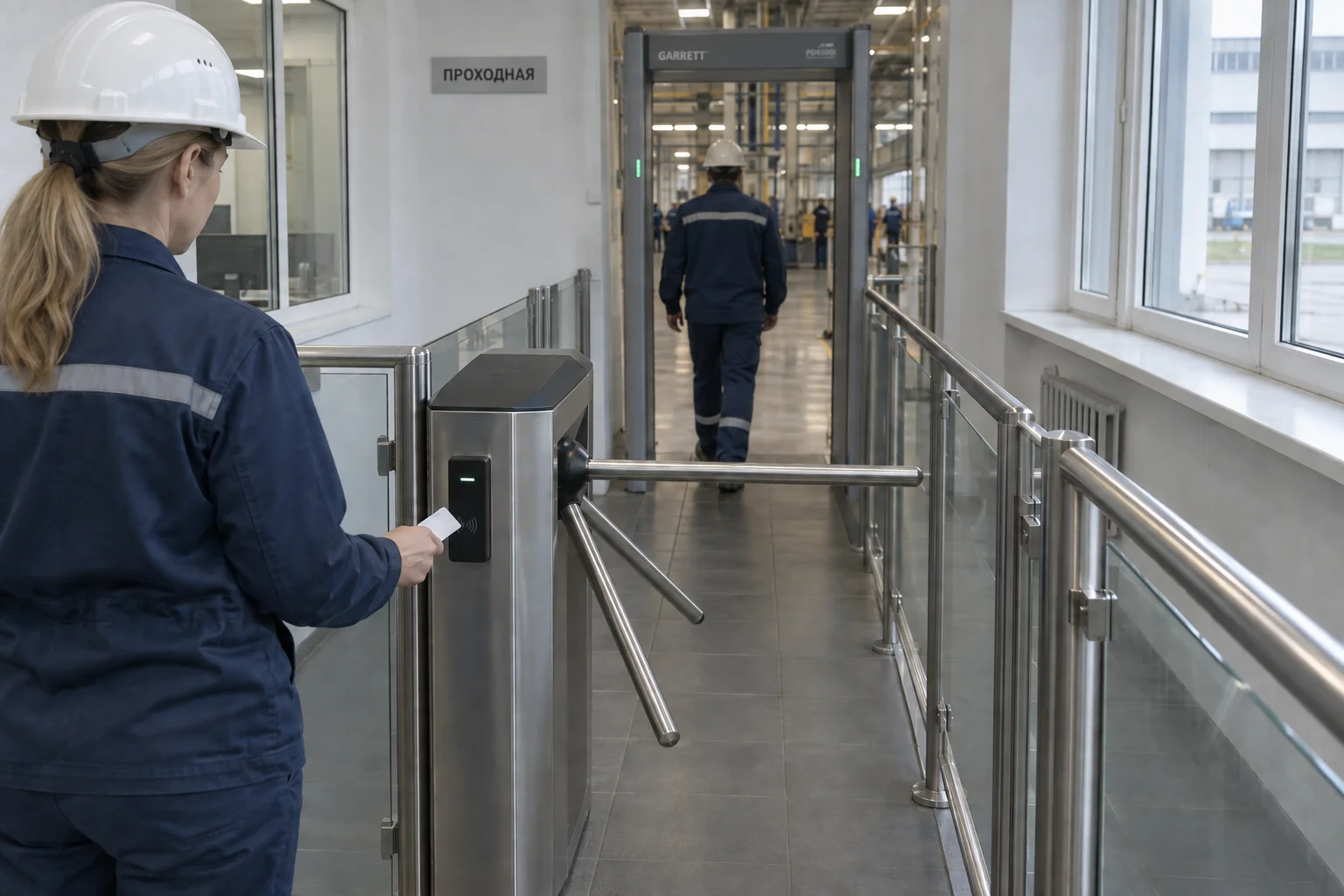 Сотрудница у трипода. Сзади — проход через металлодетектор.